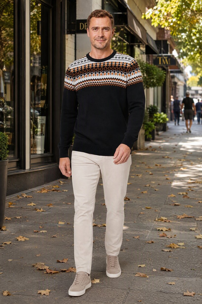 Men Crew Neck Paisley Pattern Sweater, Multicolor