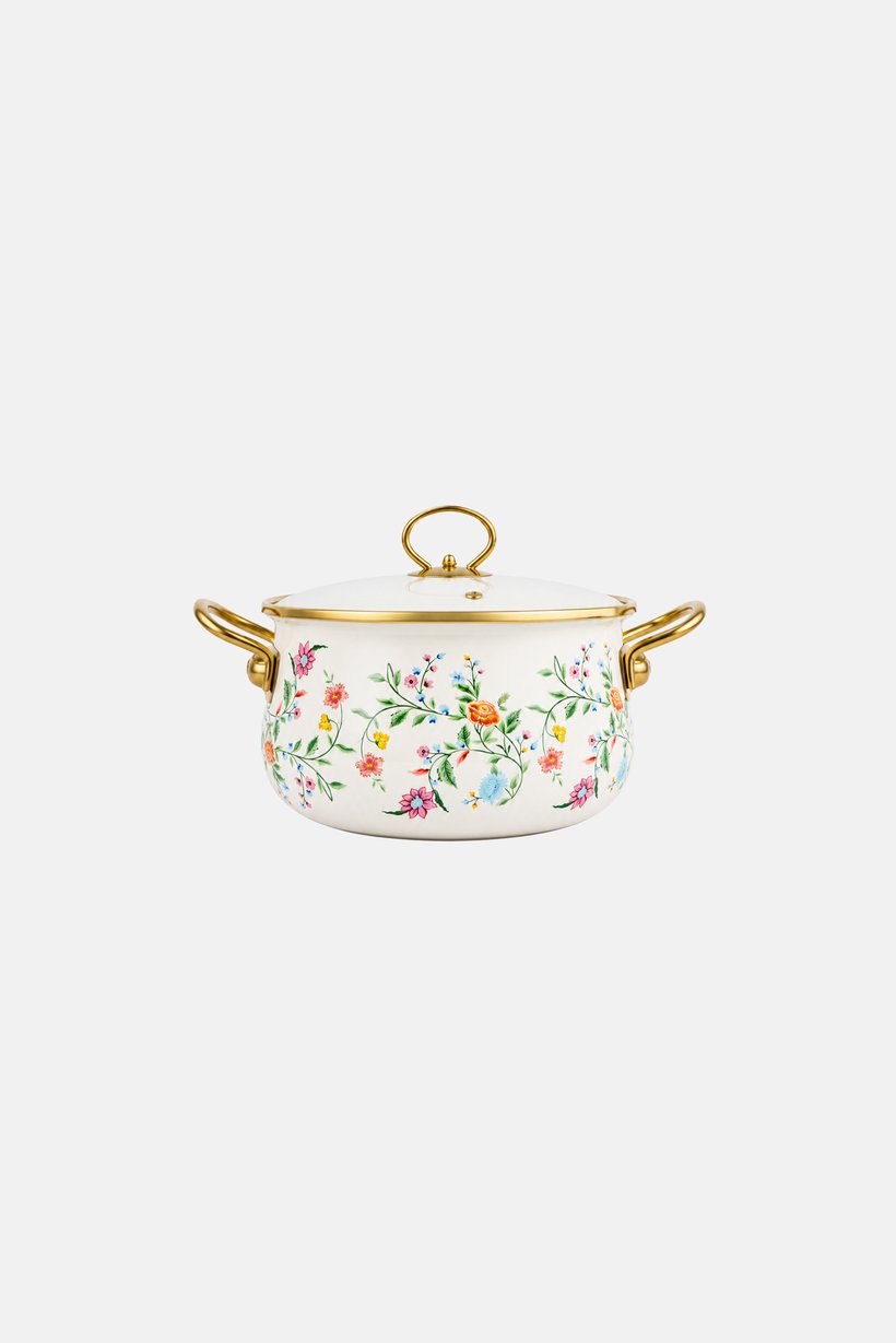 Floral Print Enamel Pot With Glass Lid, Cream