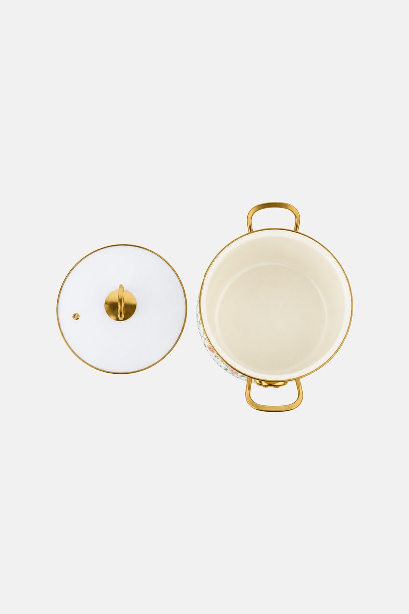 Floral Print Enamel Pot With Glass Lid, Cream