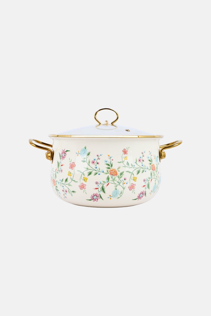 Floral Print Enamel Pot With Glass Lid, Cream