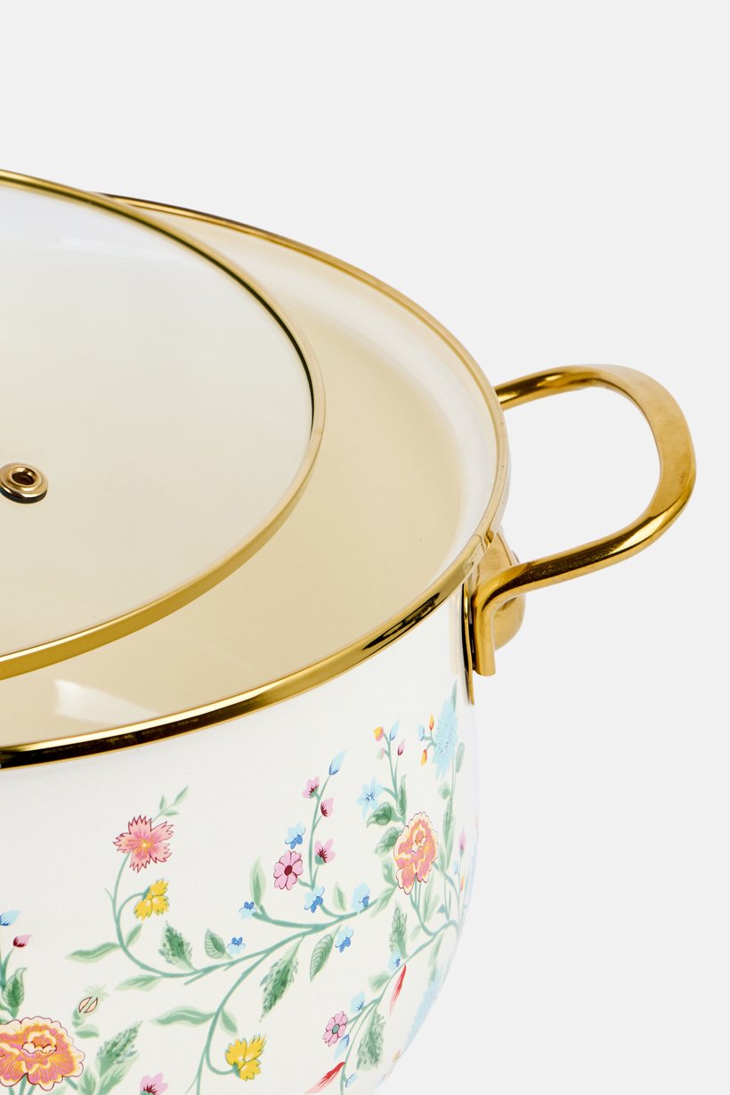 Floral Print Enamel Pot With Glass Lid, Cream