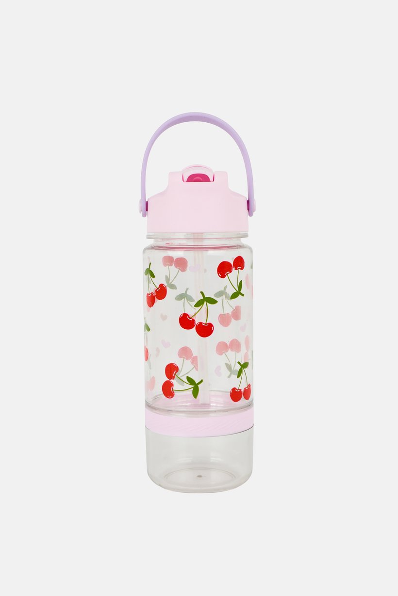 Cherry Print Water Bottle With Snack Bottom 591 ml, Pink