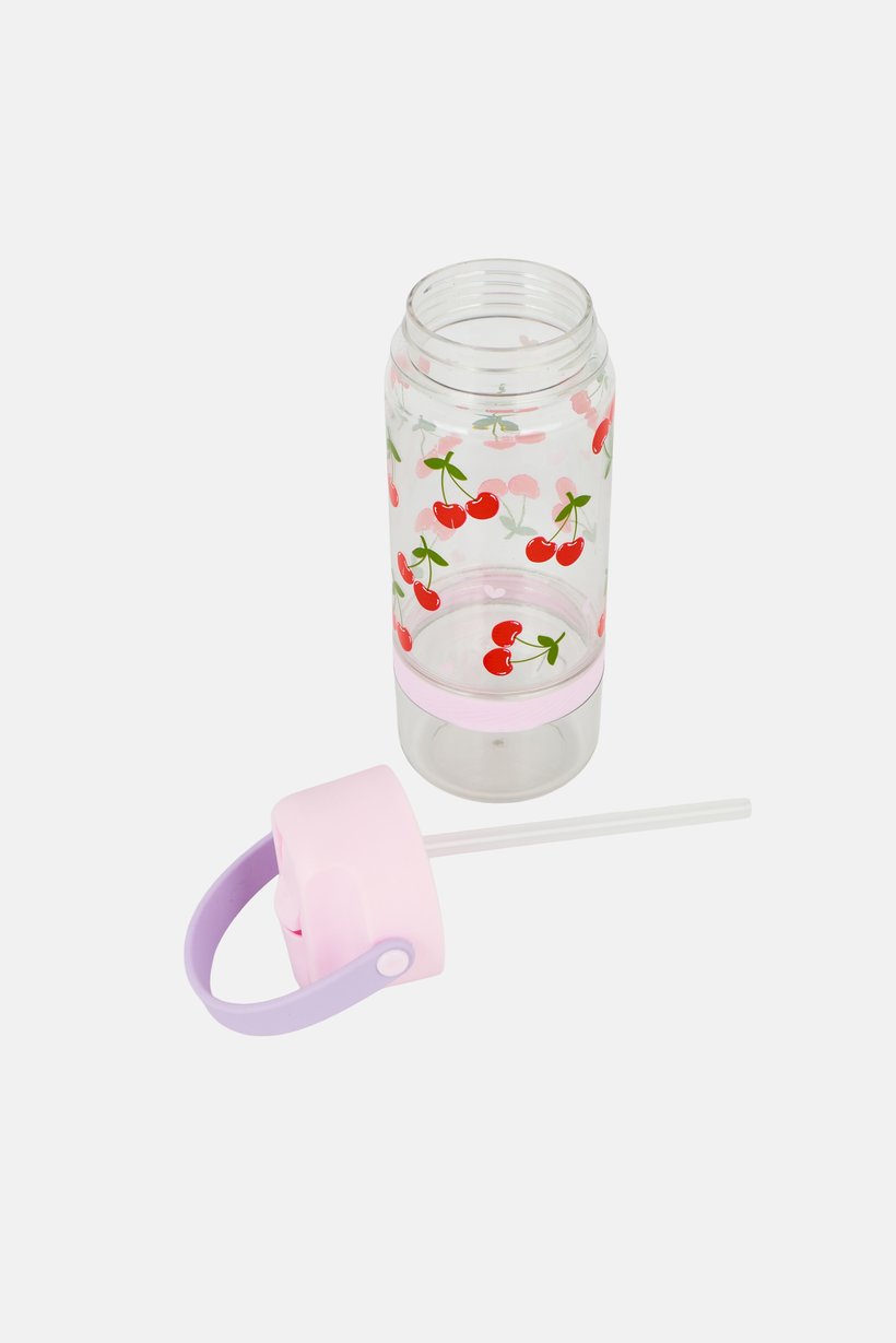 Cherry Print Water Bottle With Snack Bottom 591 ml, Pink