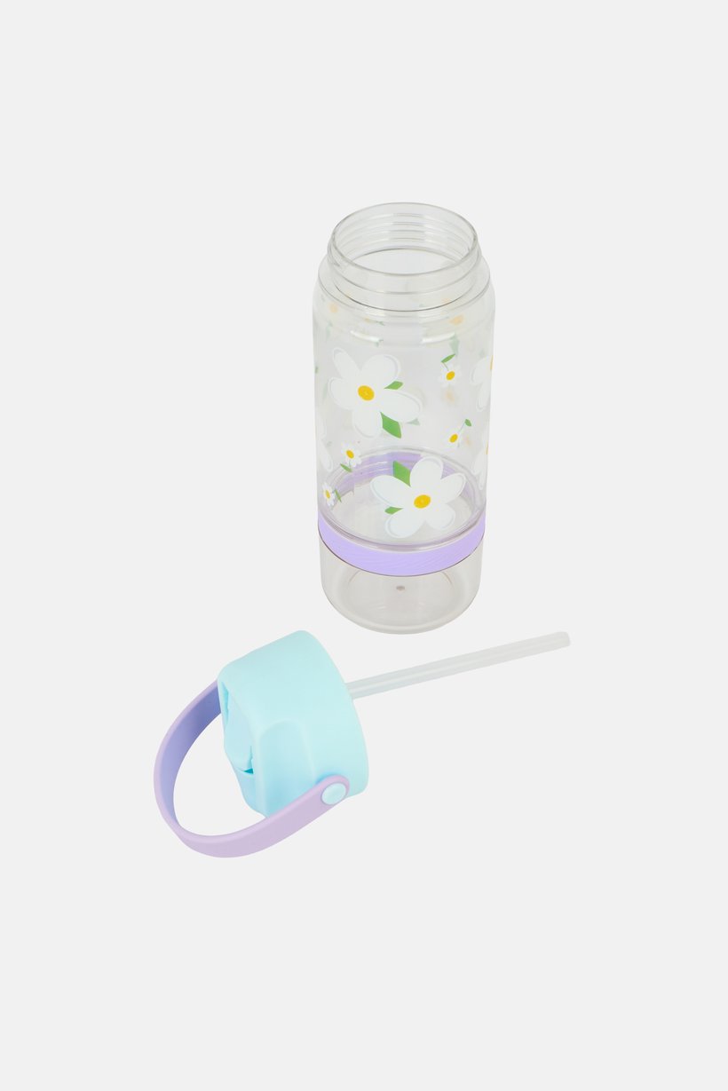 Plastic Flower Print Water Bottle With Snack Bottom 591 ml, Multicolor