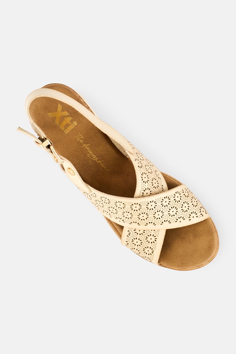 Women Brand Logo Adjustable Buckle Closure Sandals, Beige