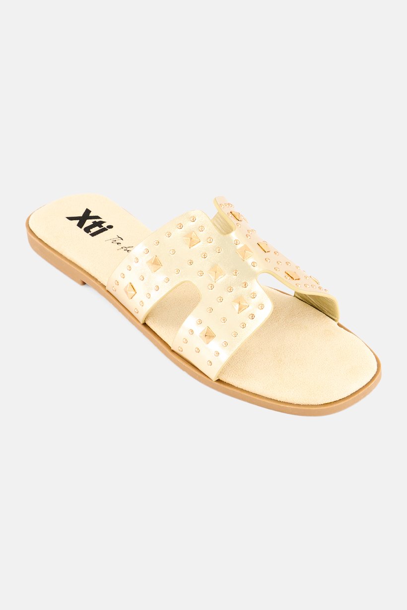 Women Textured Slip On Sandals, Gold