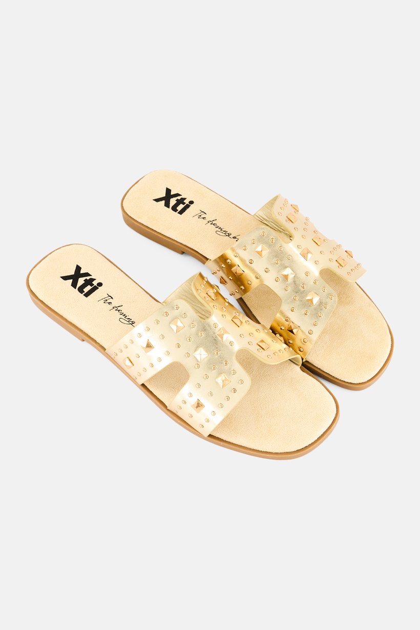 Women Textured Slip On Sandals, Gold