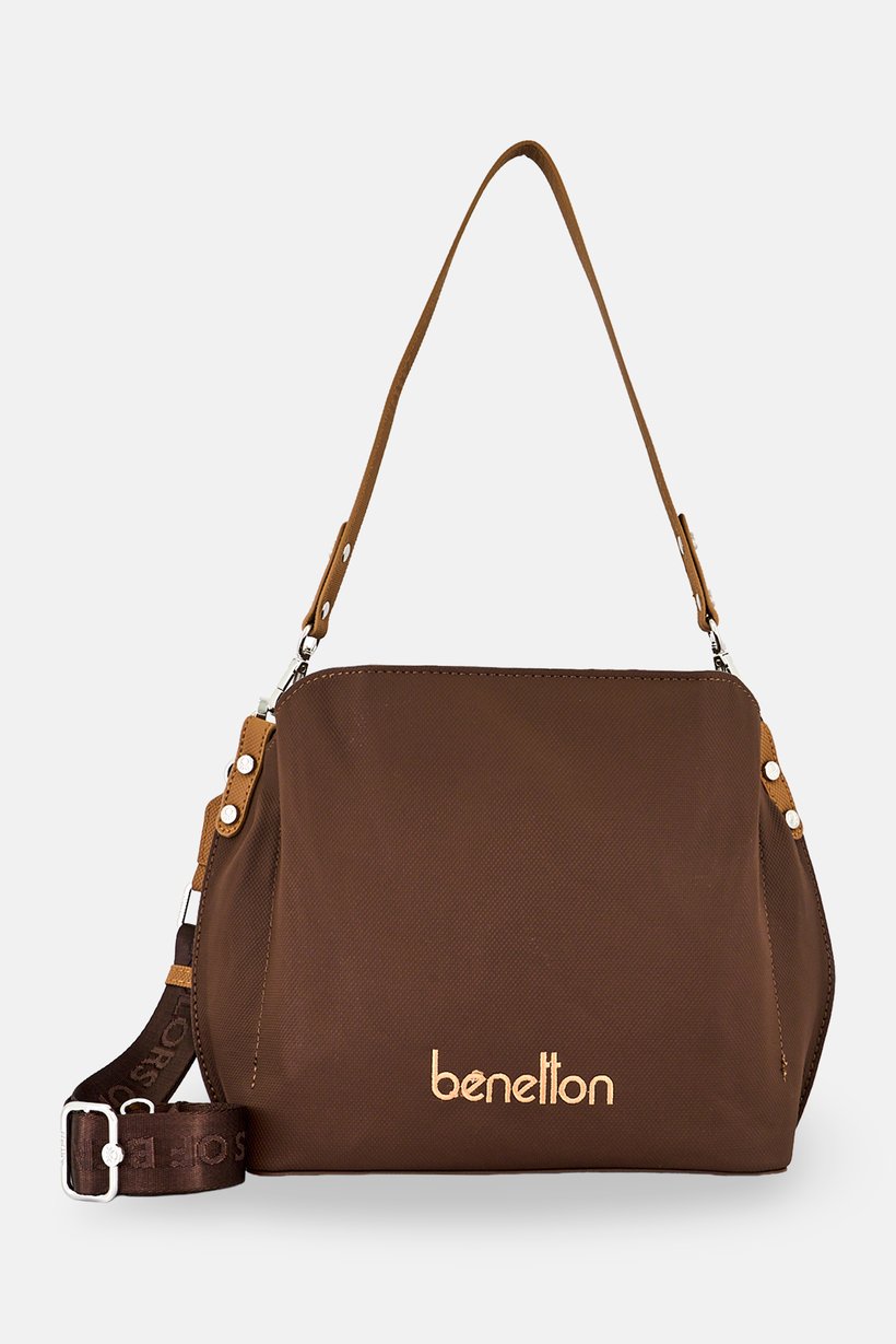 Women Embroidered Logo Shoulder Bag, Chocolate