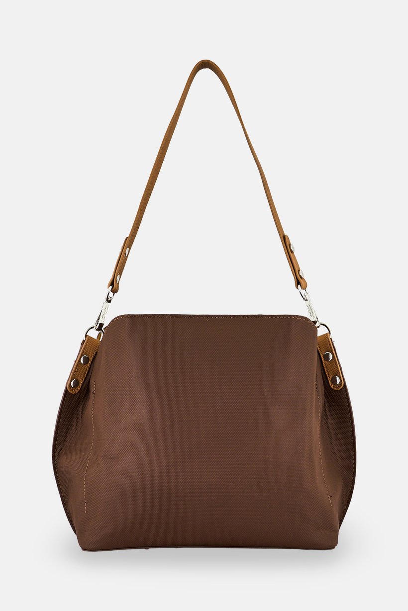Women Embroidered Logo Shoulder Bag, Chocolate