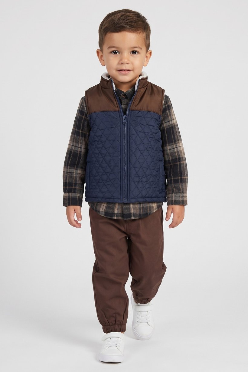 Toddlers Boy 3 Pieces Checkered Shirt And Pants With Vest Jacket Set, Multicolor