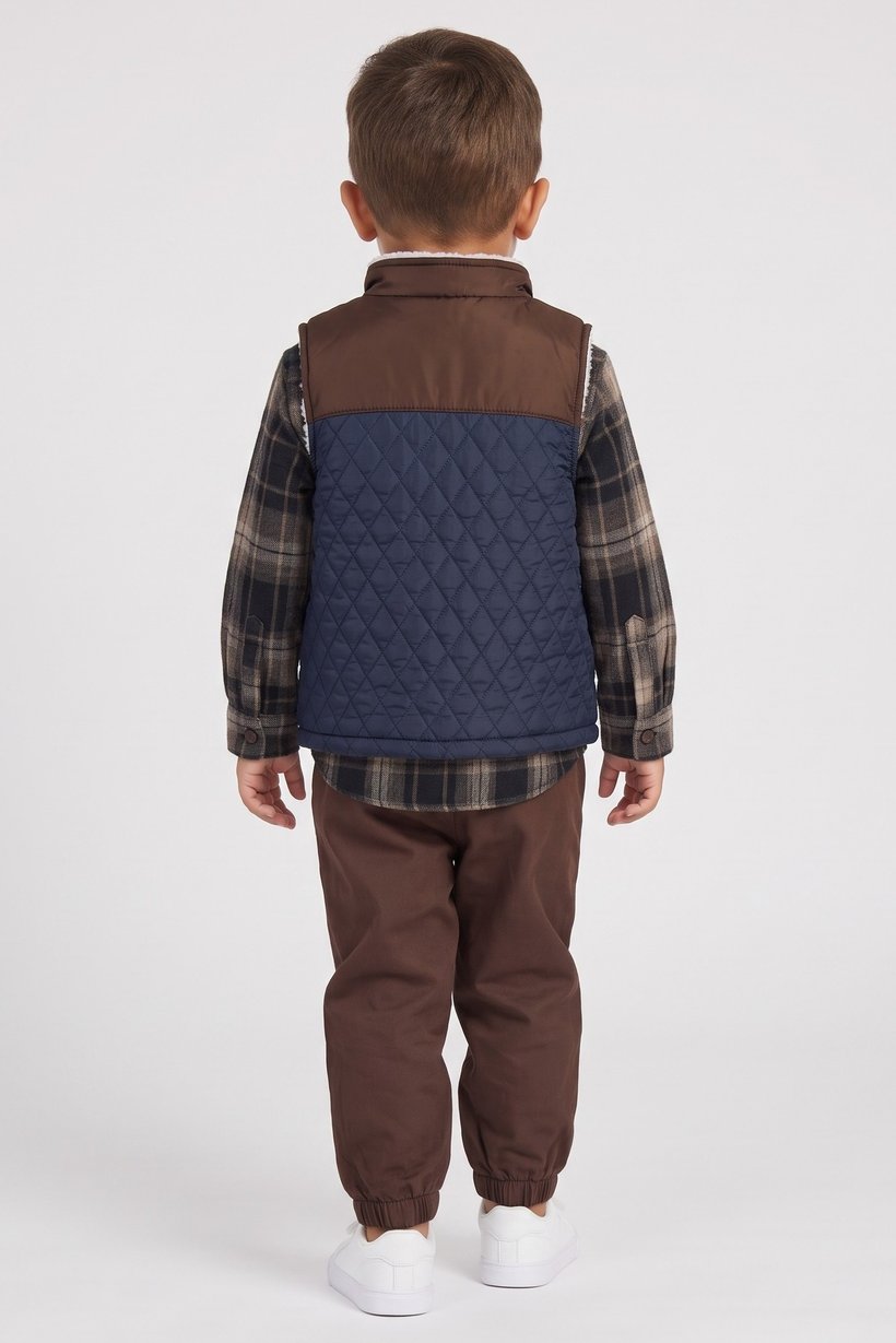 Toddlers Boy 3 Pieces Checkered Shirt And Pants With Vest Jacket Set, Multicolor