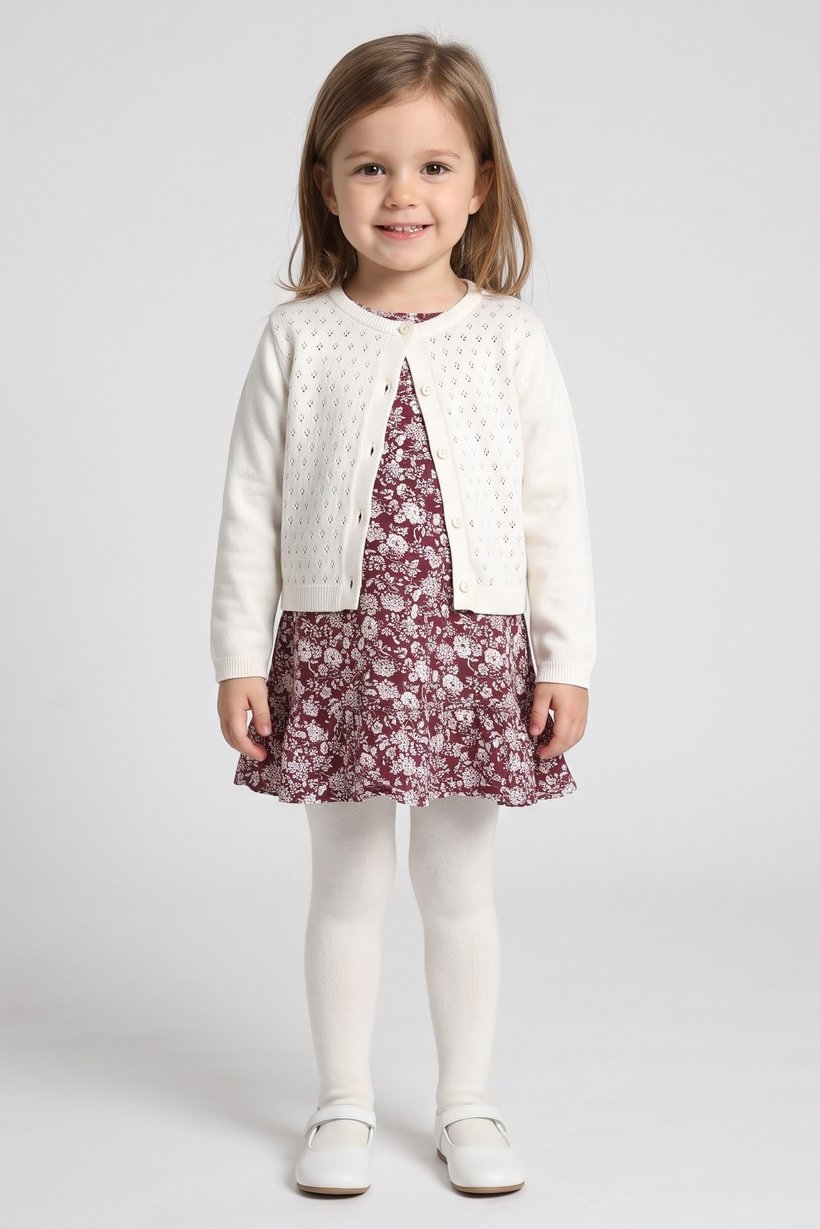 Toddlers Girl 3 Pcs Floral Print Dress And Tights With Cardigan Set, Multicolor