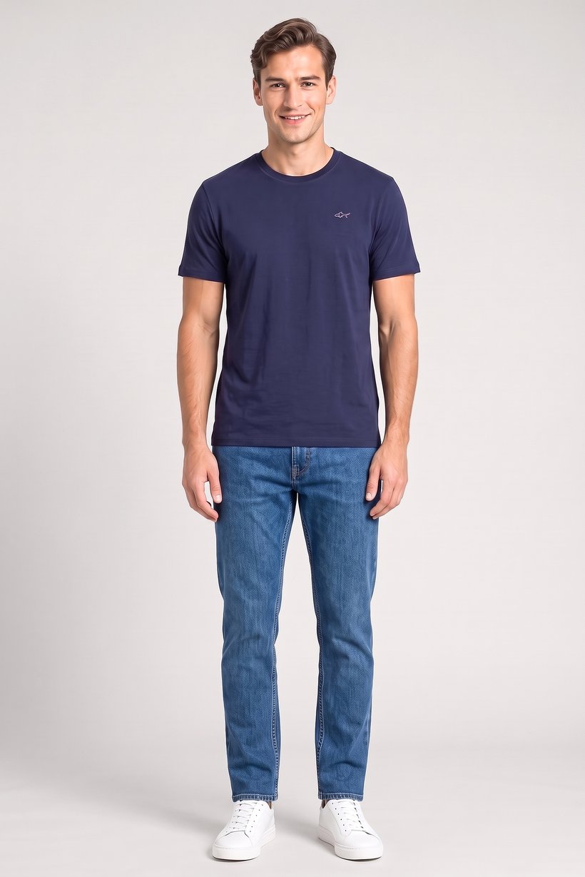 Men Crew Neck Short Sleeve Brand Logo T-Shirt, Navy
