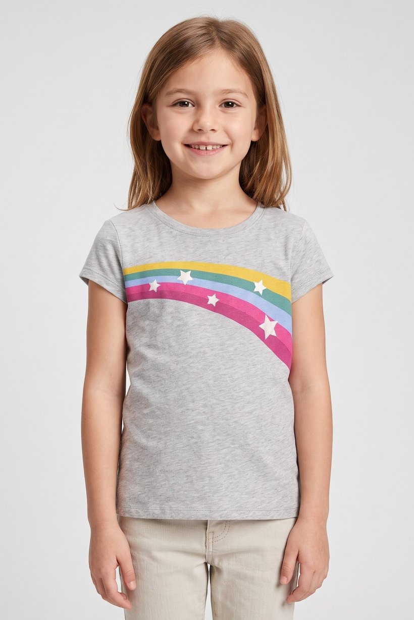 Kids Girl Graphic Print Short Sleeve Top, Heather Grey