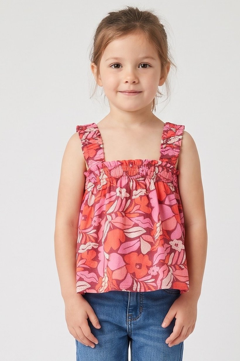 Kids Girl Floral Print Sleeve Less Top, Multicolor