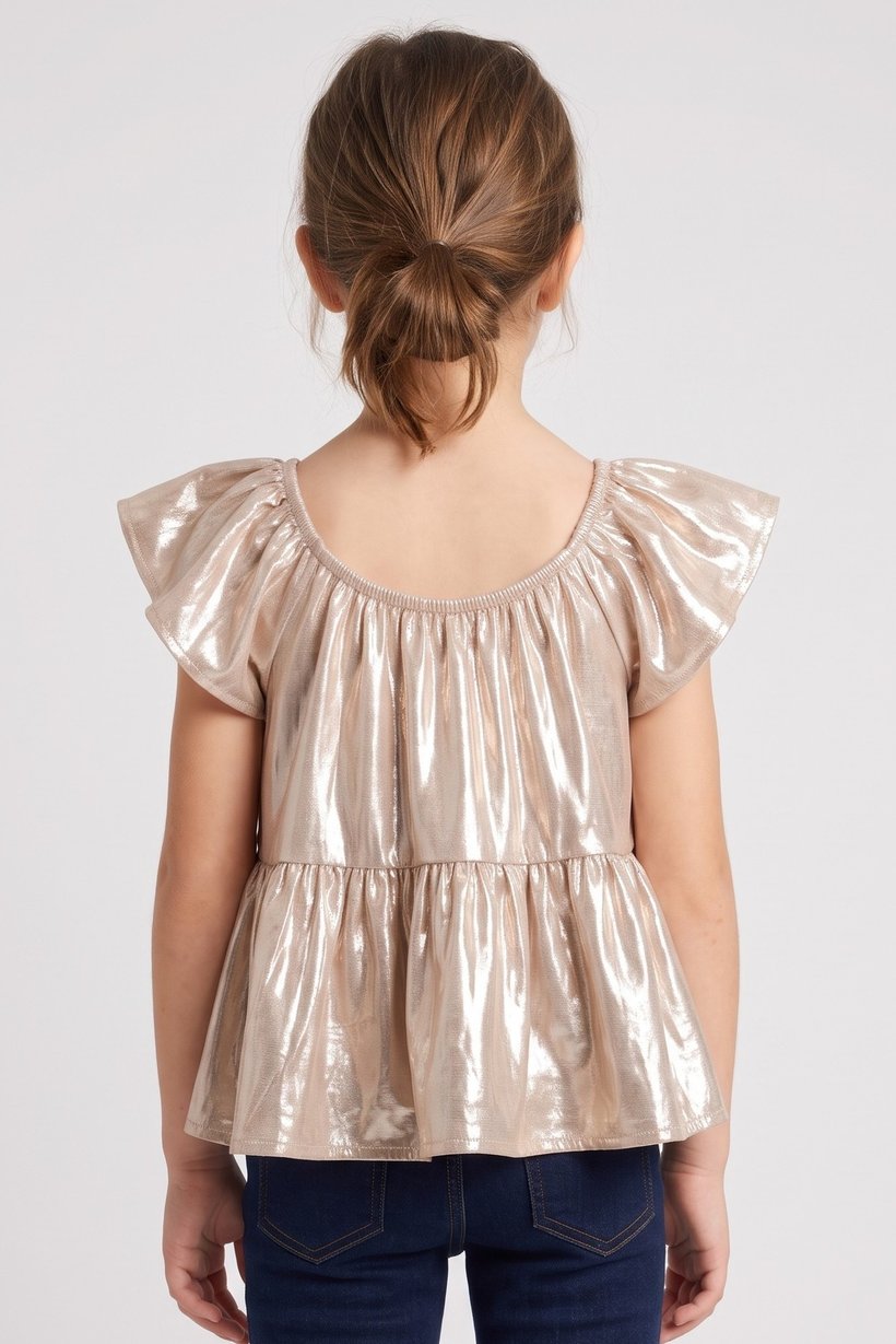 Kids Girl U Neck Metallic Top, Beige