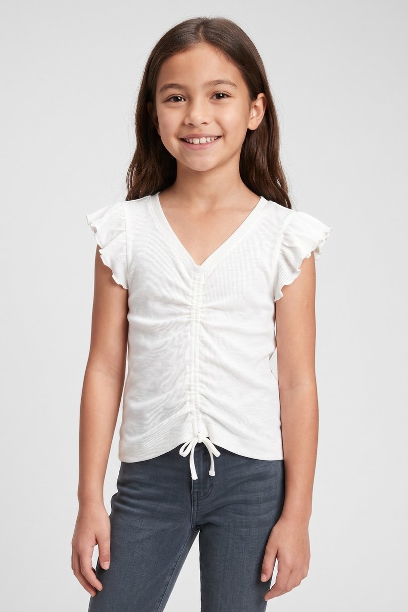 Kids Girl Solid Ruffle Sleeve Top, Off White