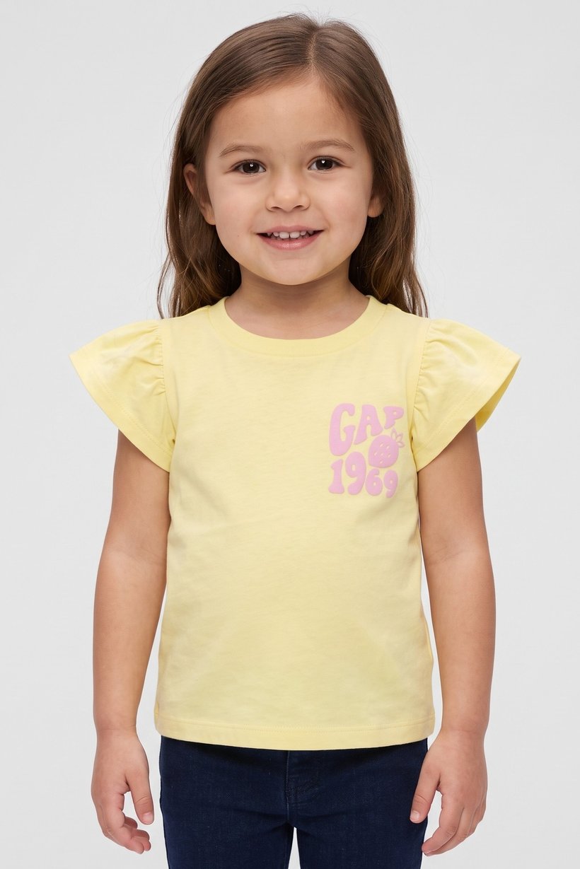 Toddlers Girl Cap Sleeve Brand Logo Top, Yellow