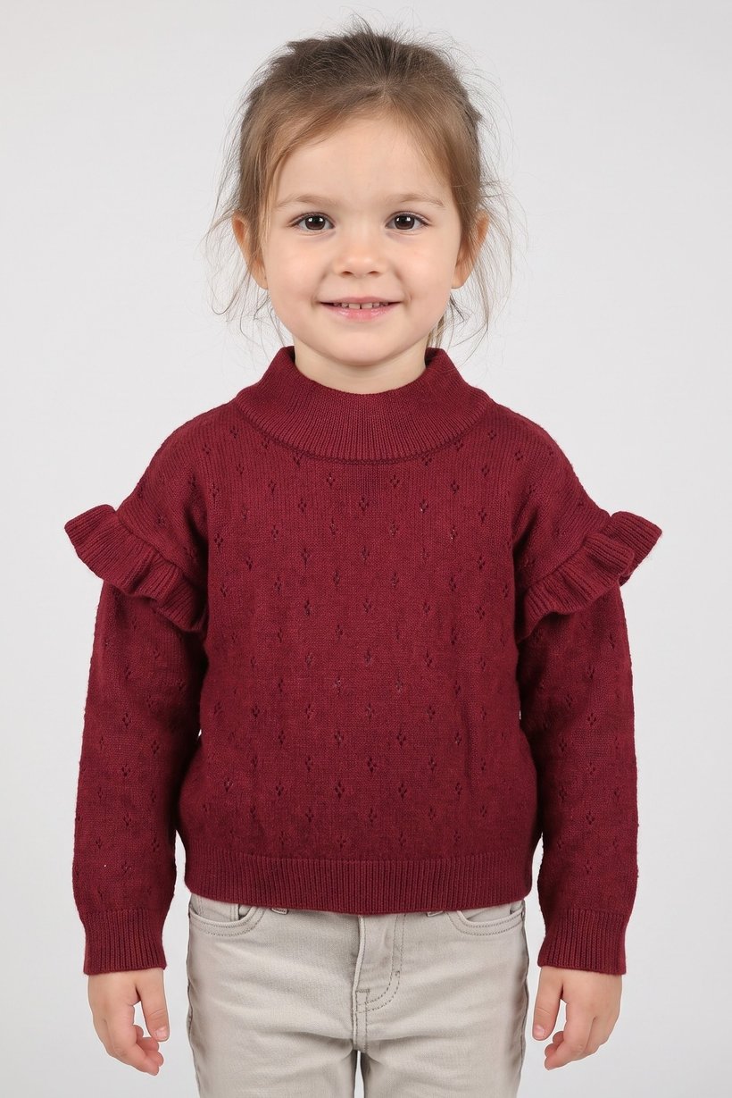 Toddlers Girl Textured Long Sweater, Dark Red