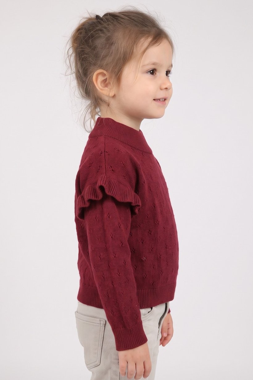 Toddlers Girl Textured Long Sweater, Dark Red