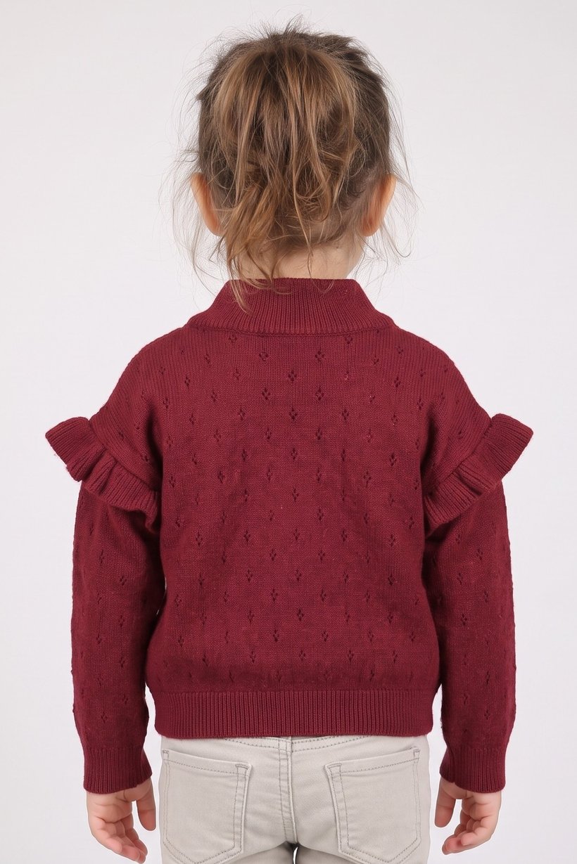 Toddlers Girl Textured Long Sweater, Dark Red