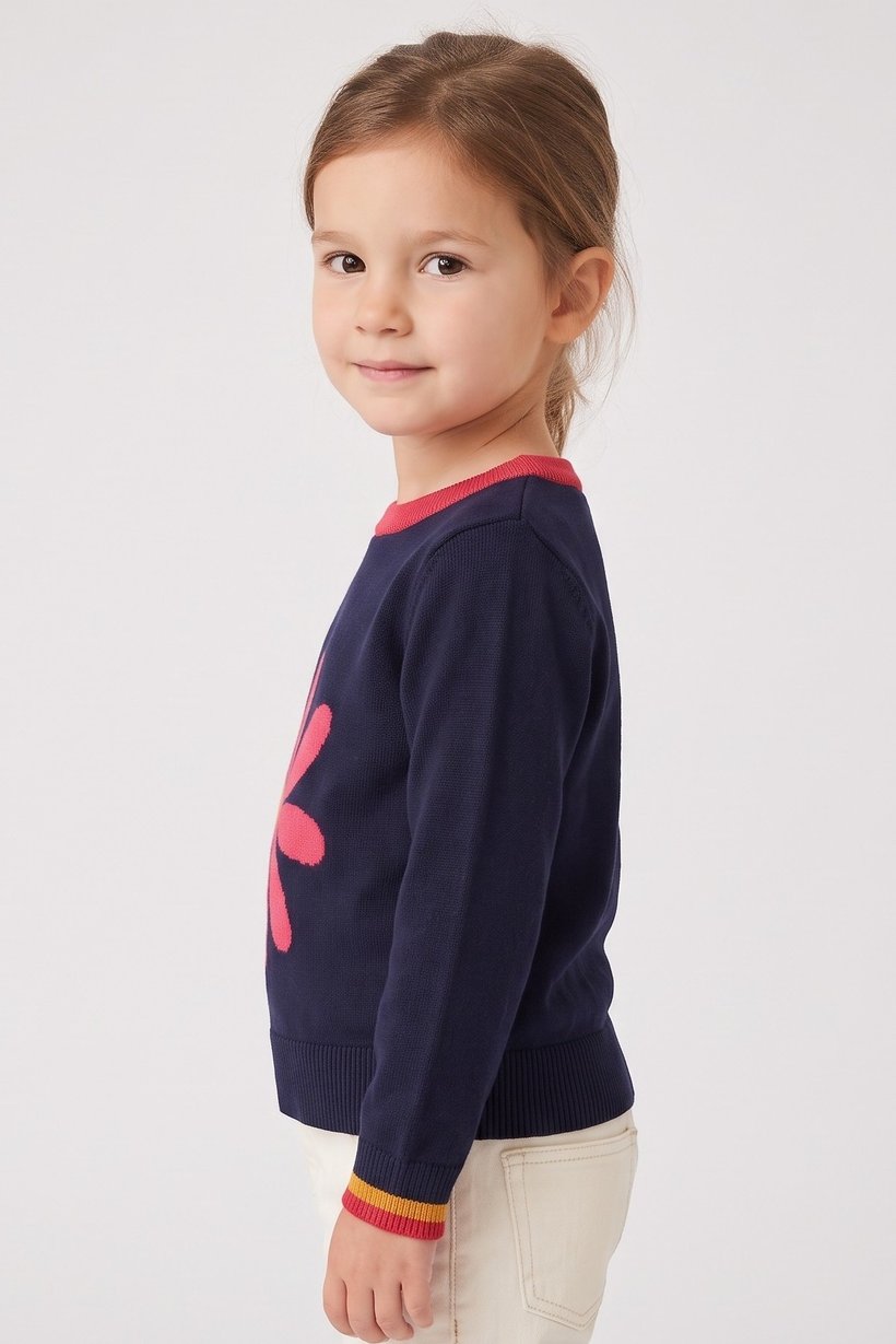 Toddlers Girl Long Sleeve Graphic Print Sweater, Navy