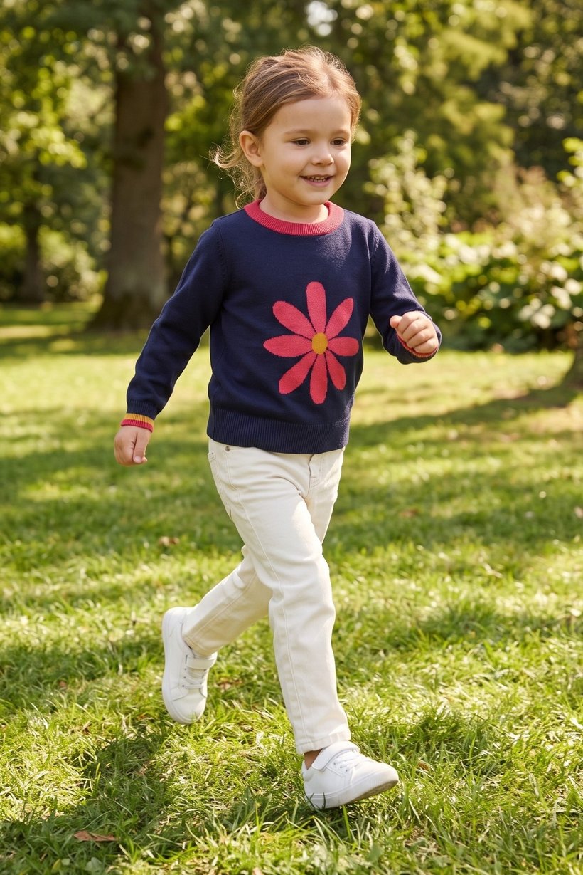 Toddlers Girl Long Sleeve Graphic Print Sweater, Navy