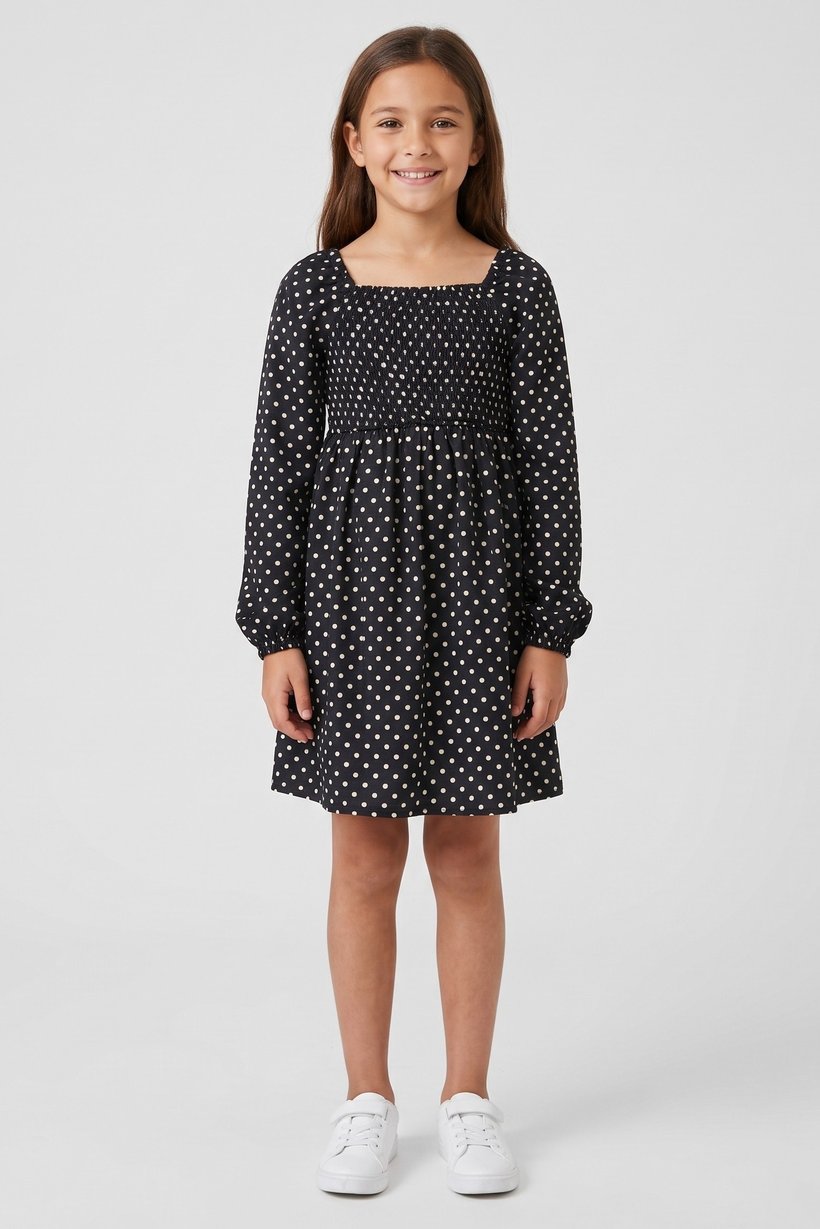Kids Girl Long Sleeve Polka Dots Dress, Multicolor