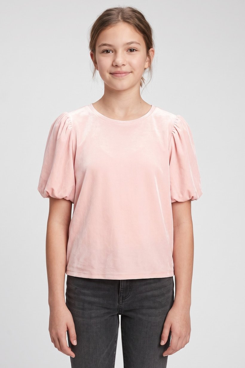 Kids Girl Textured Balloon Sleeve Top, Pale Pink
