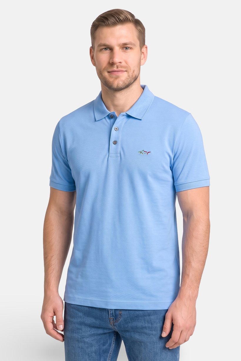 Men Regular Fit Short Sleeve Embroidered Logo Polo Shirt, Light Blue