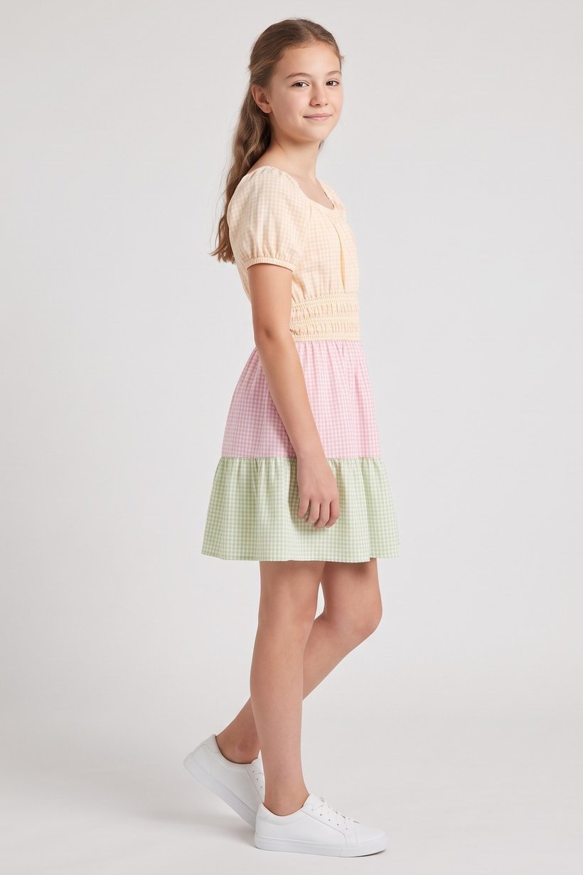 Kids Girl Checkered Short Sleeve Dress, Multicolor