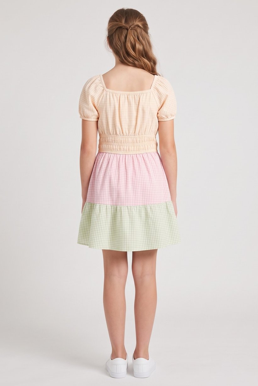 Kids Girl Checkered Short Sleeve Dress, Multicolor