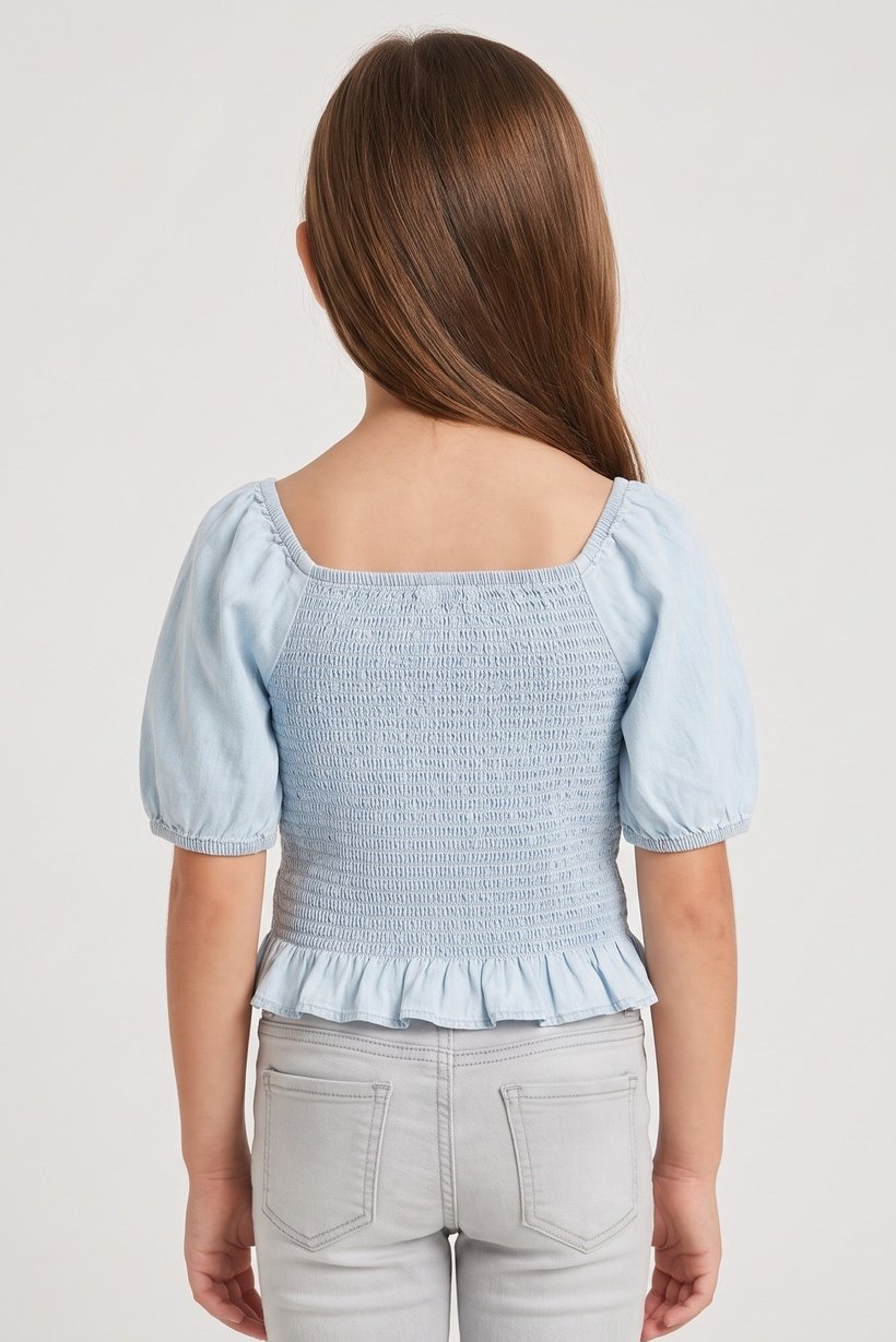 Kids Girl Square Neck Short Sleeve Washed Top, Blue