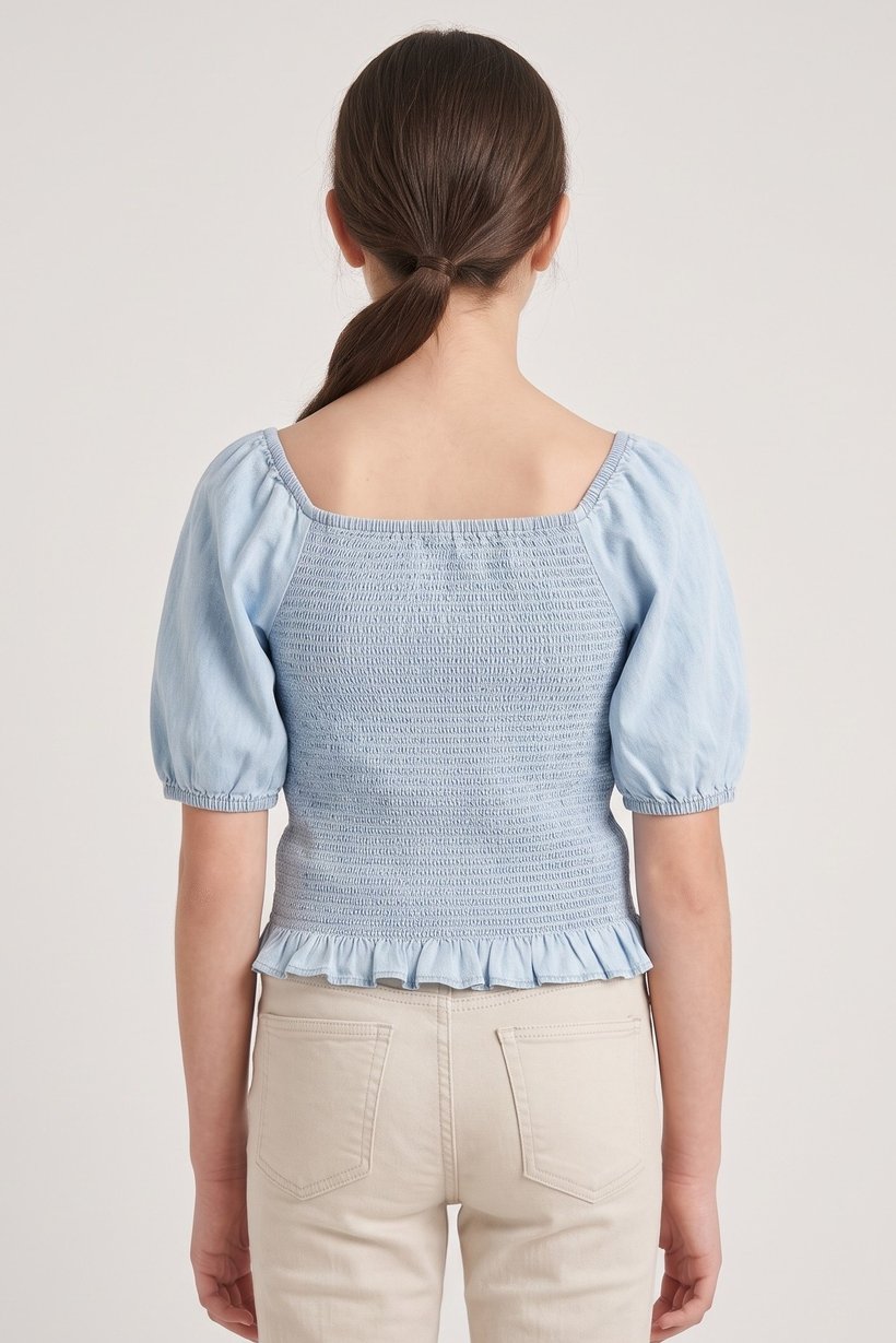 Kids Girl Shirred Short Sleeve Top, Light Blue