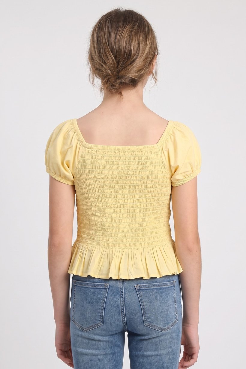 Kids Girl Square Neck Short Sleeve Plain Top, Yellow