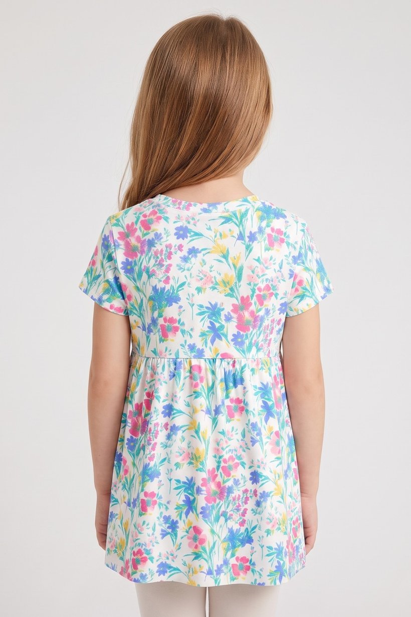 Toddlers Girl Crew Neck Short Sleeve Allover Print, Multicolor