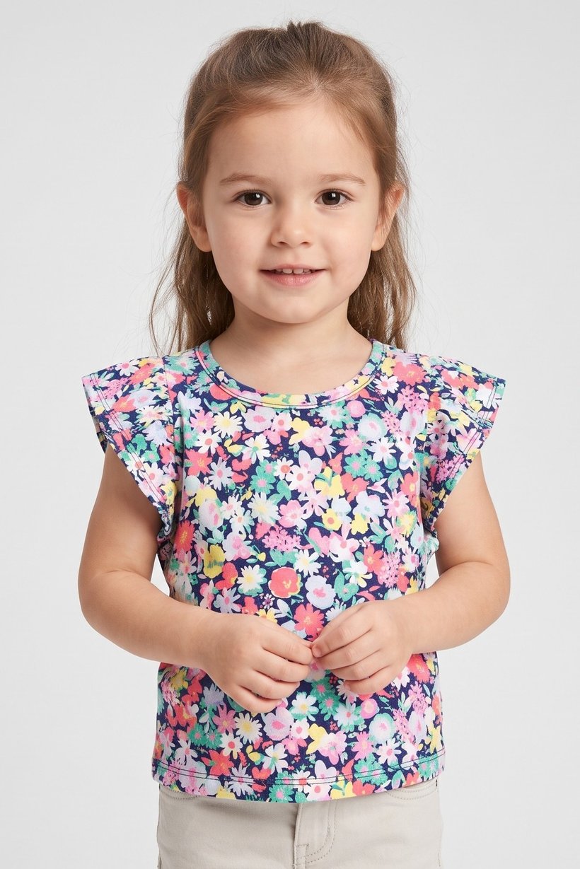 Toddlers Girl Allover Print Ruffle Sleeve Top, Multicolor