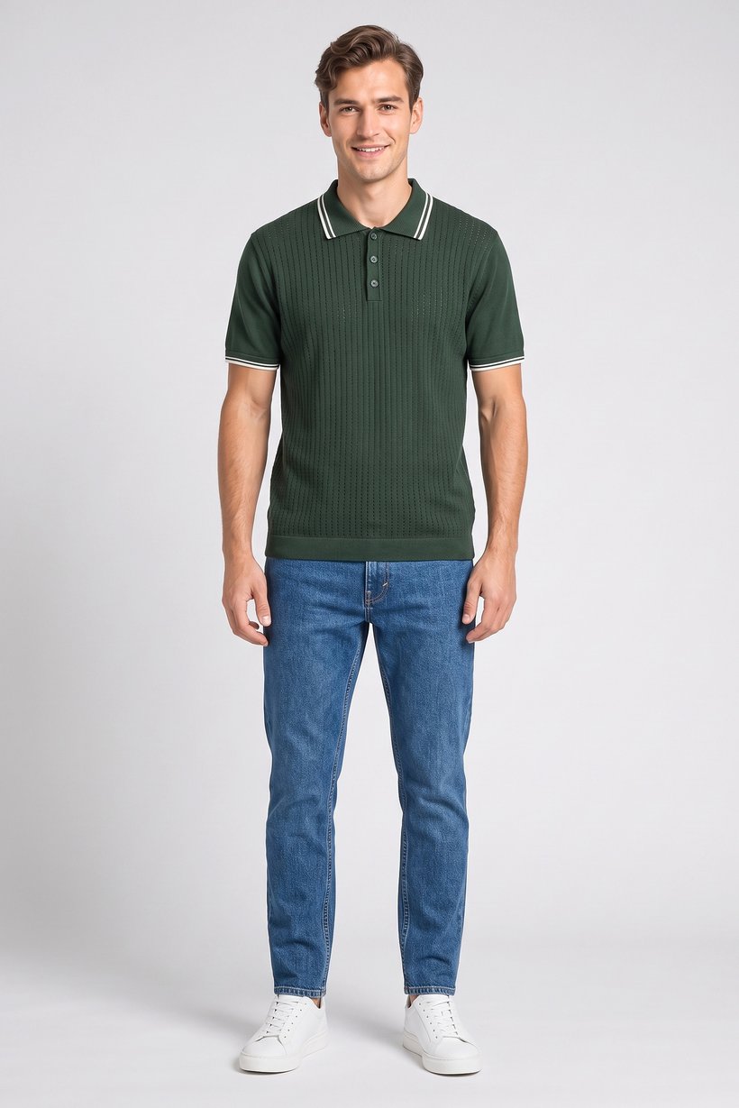 Men Regular Fit Eyelet Short Sleeve Polo Shirt, Green