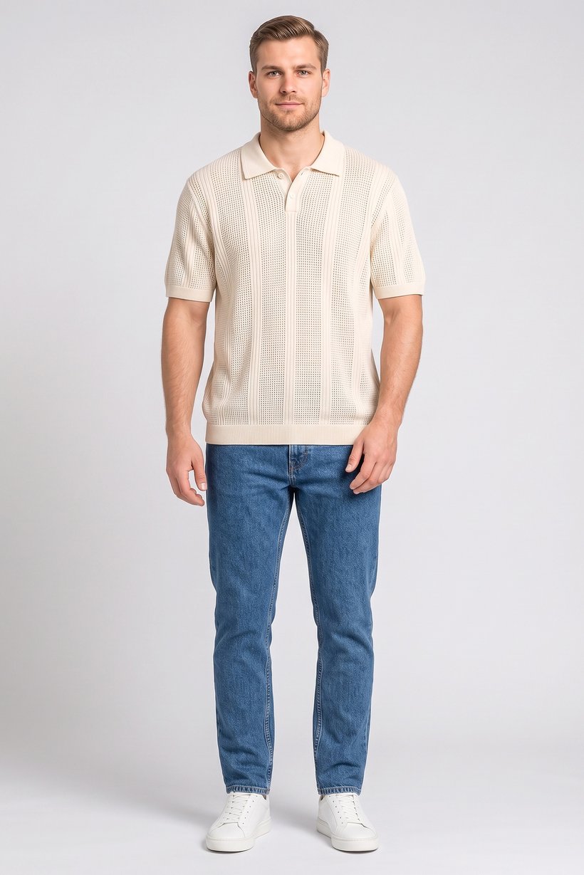 Men Regular Fit Eyelet Short Sleeve Polo Shirt, Beige