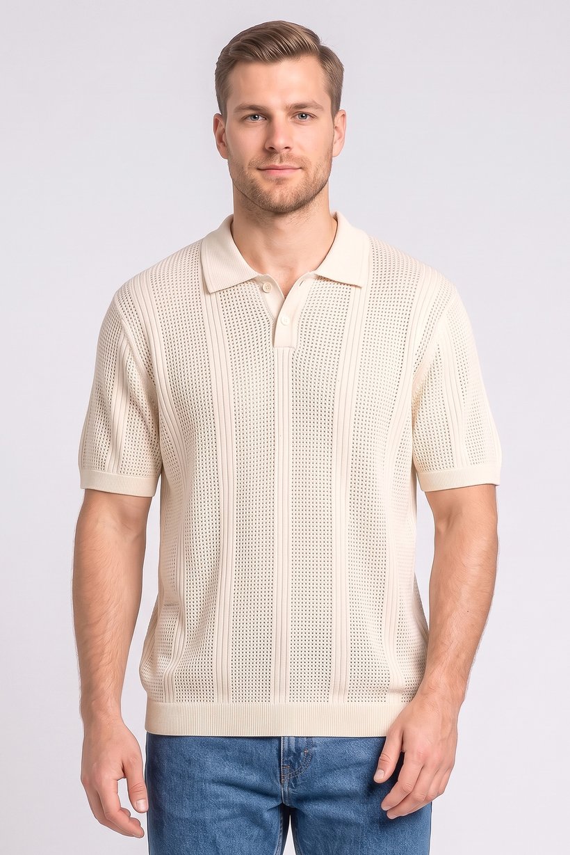 Men Regular Fit Eyelet Short Sleeve Polo Shirt, Beige