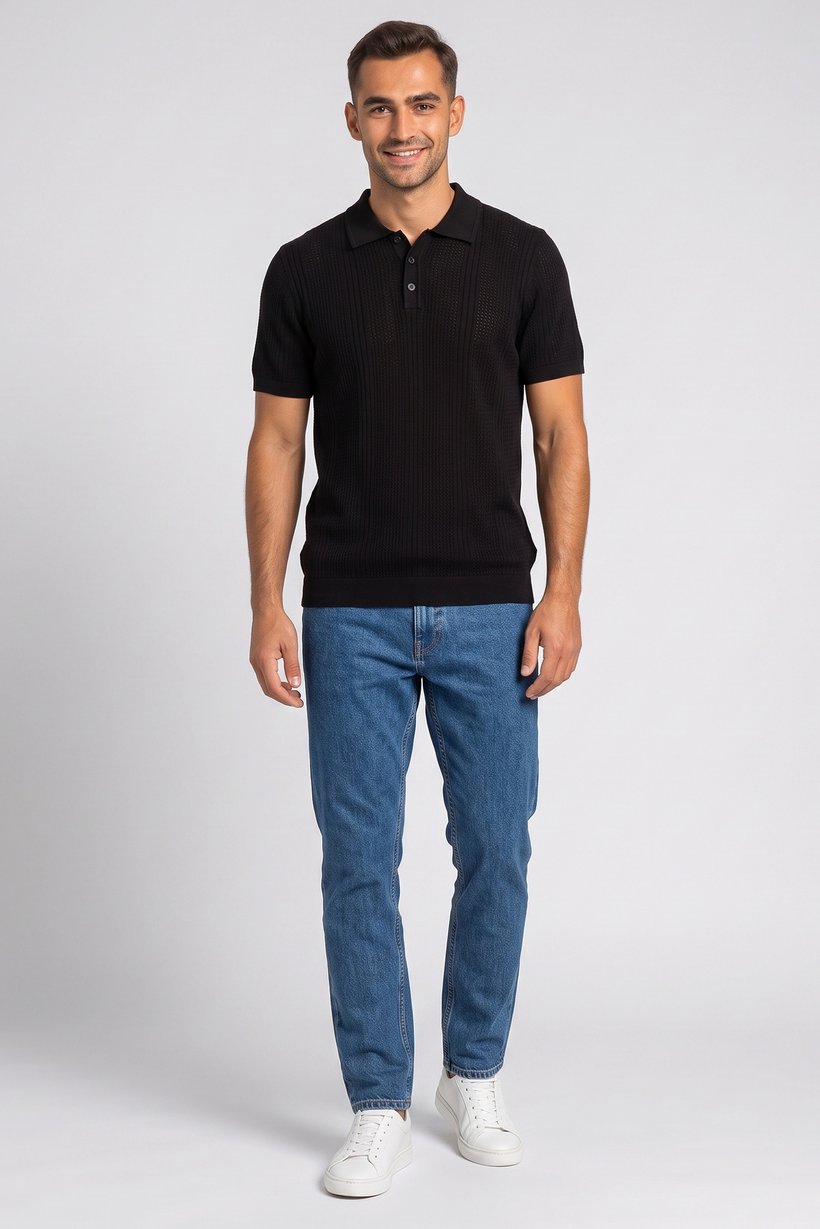 Men Relaxed Fit Eyelet Short Sleeve Polo Shirt, Black