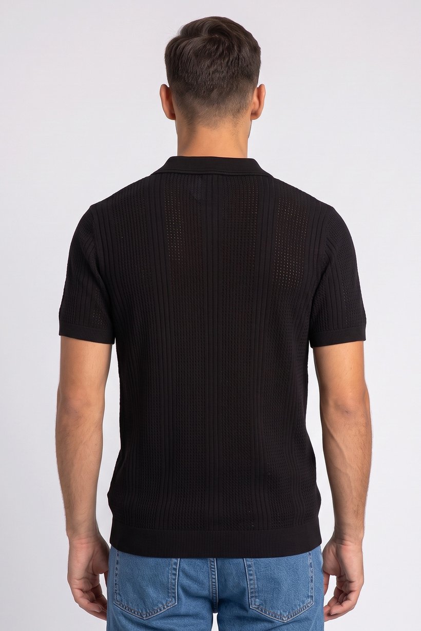 Men Relaxed Fit Eyelet Short Sleeve Polo Shirt, Black