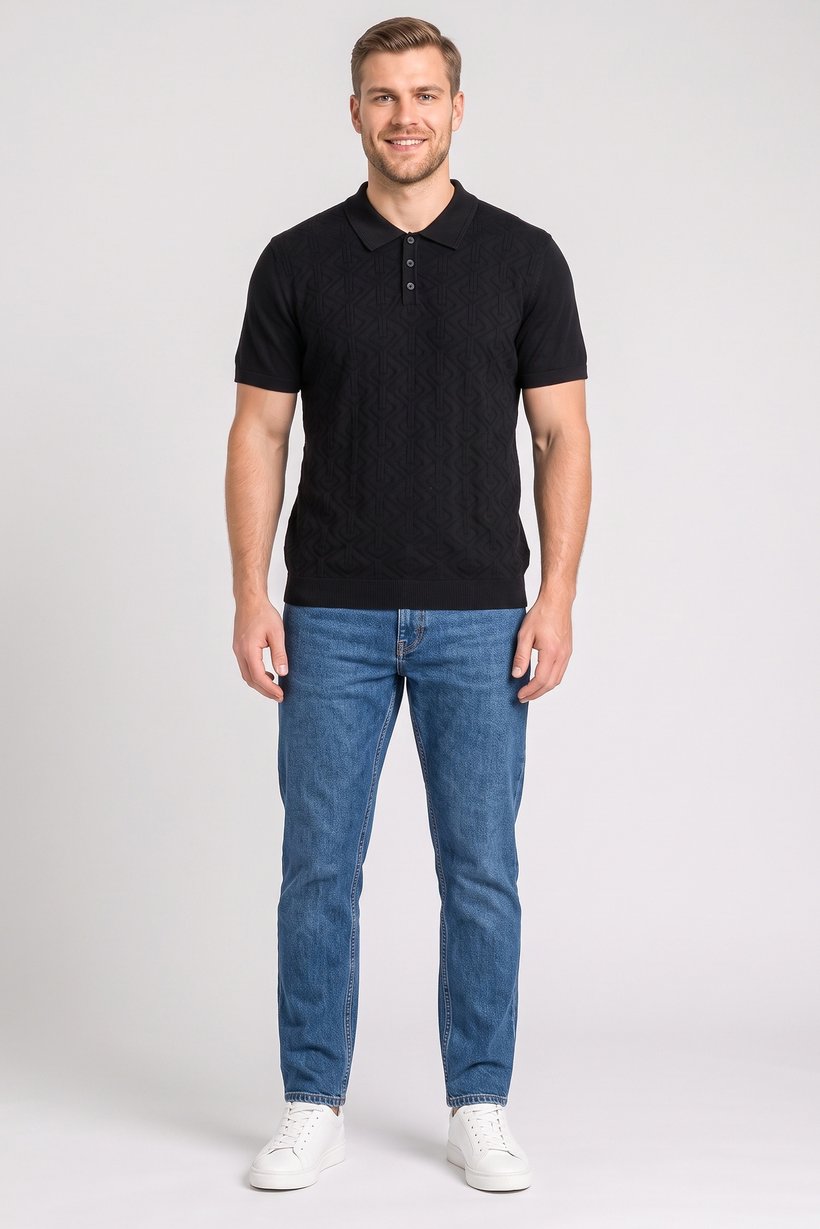 Men Regular Fit Knitted Short Sleeve Polo Shirt, Black