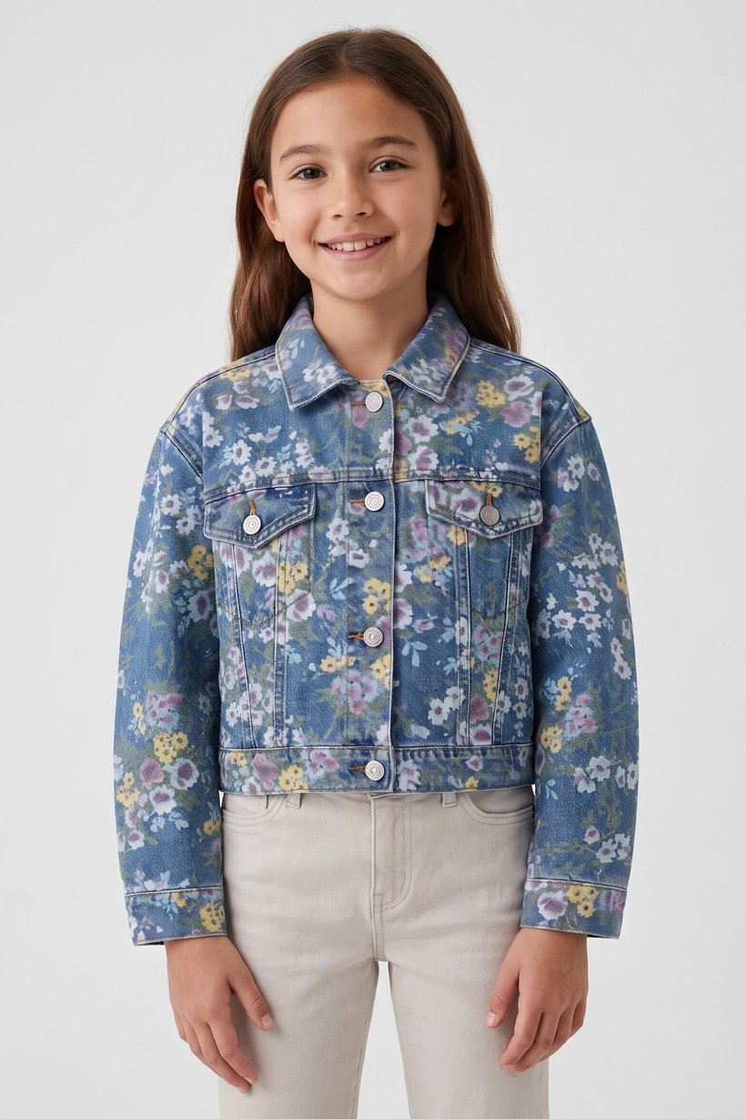 Kids Girl Floral Print Denim Jacket Shirt, Multicolor