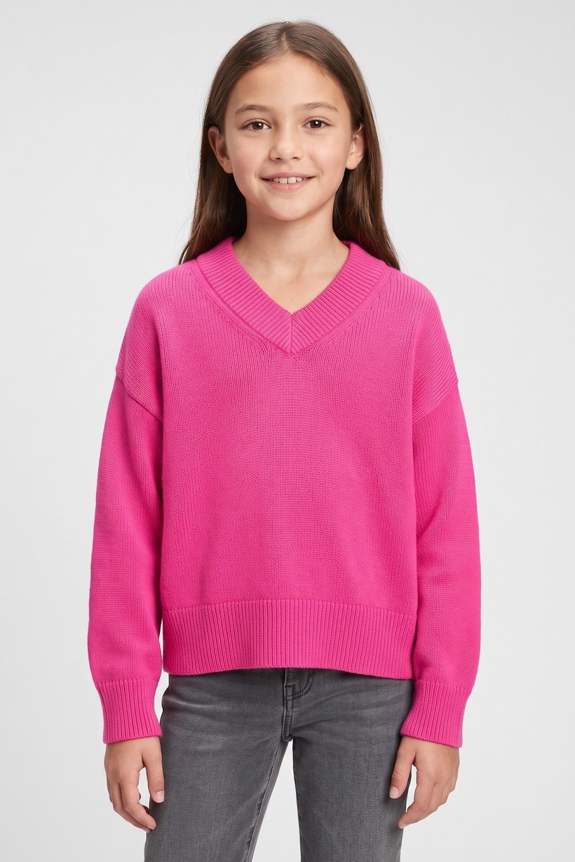 Kids Girl V Neck Ribbed Long Sleeve Sweater, Fuchsia
