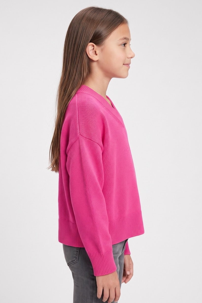 Kids Girl V Neck Ribbed Long Sleeve Sweater, Fuchsia