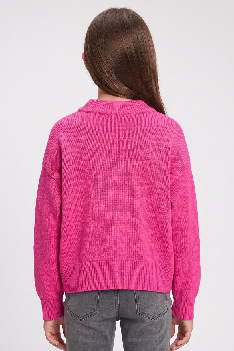 Kids Girl V Neck Ribbed Long Sleeve Sweater, Fuchsia