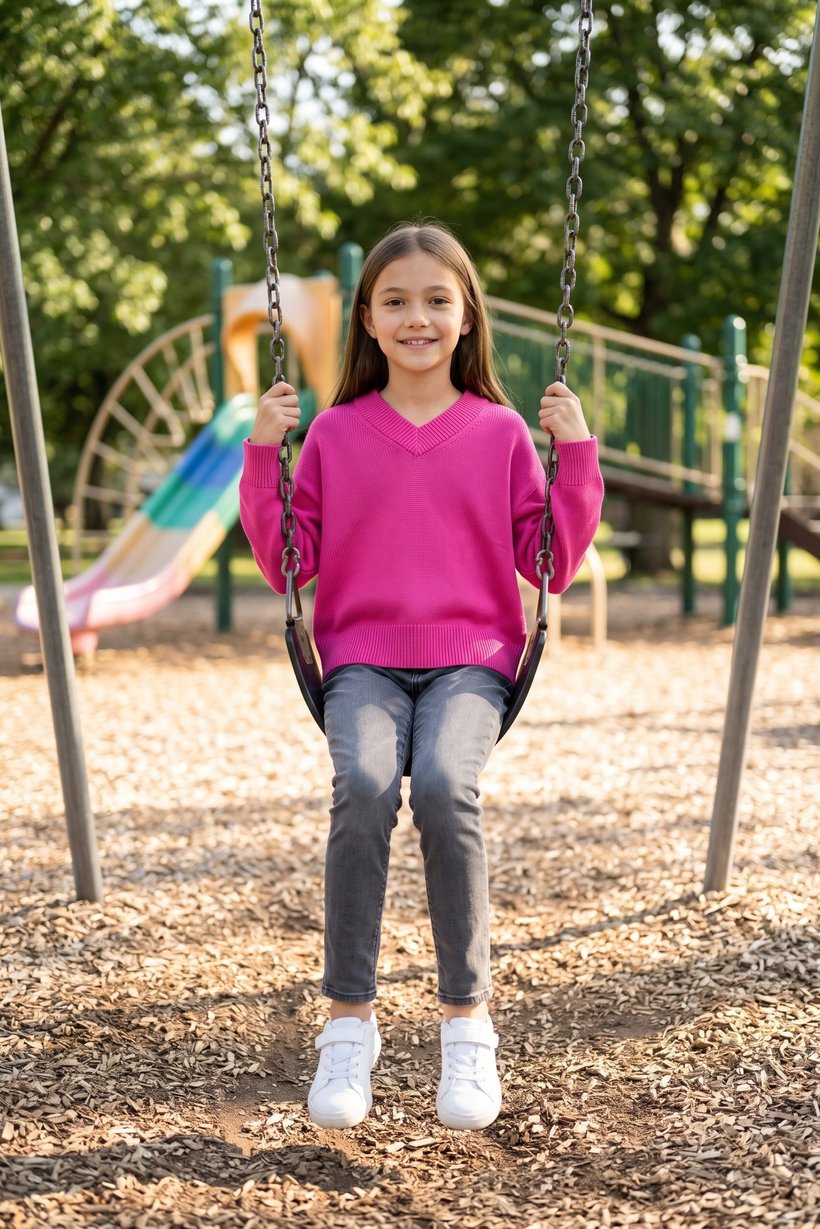 Kids Girl V Neck Ribbed Long Sleeve Sweater, Fuchsia