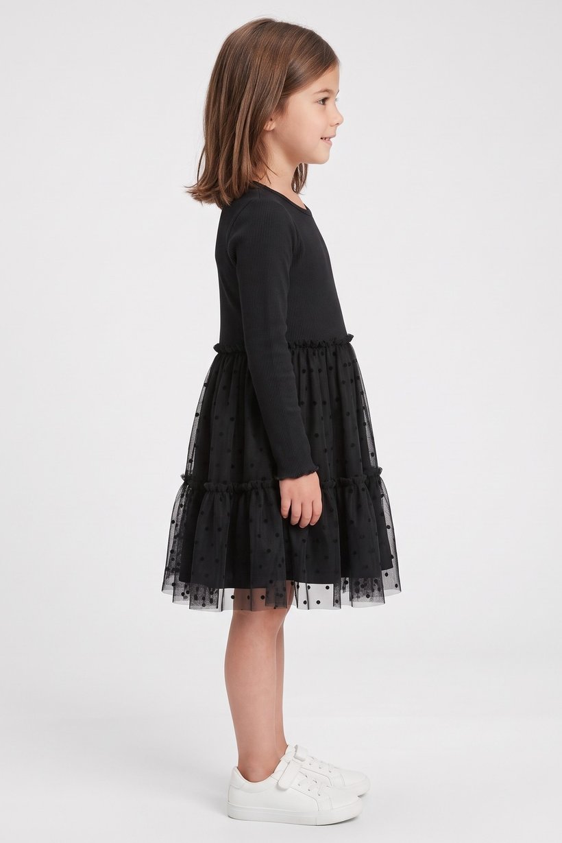 Toddlers Girl Textured Long Sleeve Dress, Black