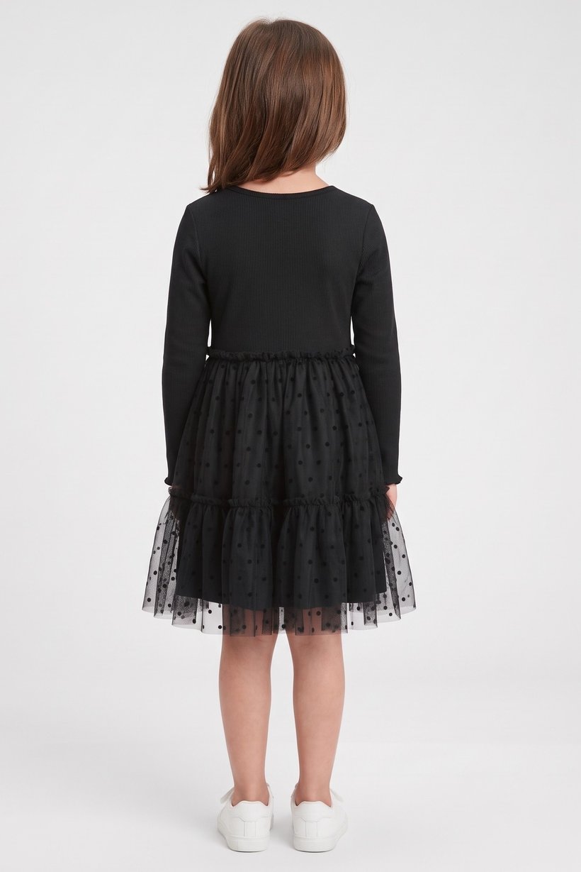 Toddlers Girl Textured Long Sleeve Dress, Black